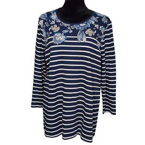 Kim Rogers Top XL Navy White Stripe Floral 3/4 Sleeve Blouse Nautical NWT